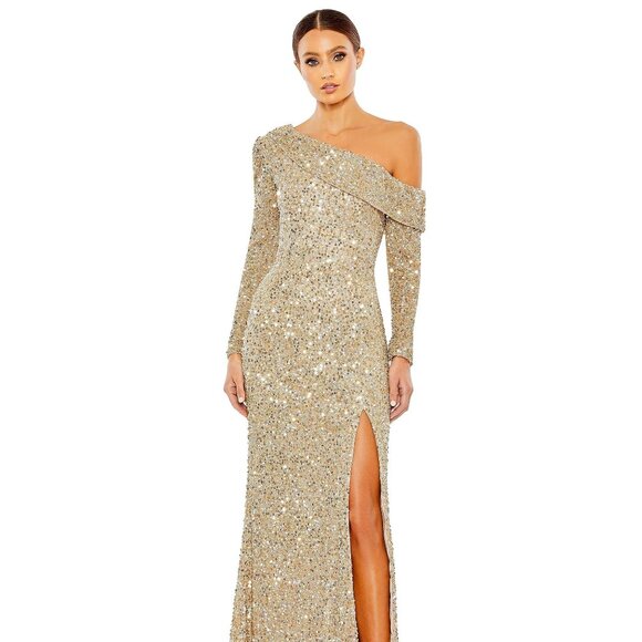 Mac Duggal Sequined One Shoulder Evening Gown Simmering Gold Size 2 Formal